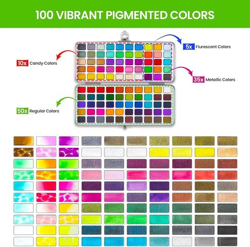 Watercolor Paint Set 100 Colors,Water Colors Paint Adult Set with Watercolor Paper and Water Brush Pens,Ideal for Kids,Artists and Hobbyists,Perfect Starter Kit for Painting,For Travel (Upgrade green) in Saudi Arabia