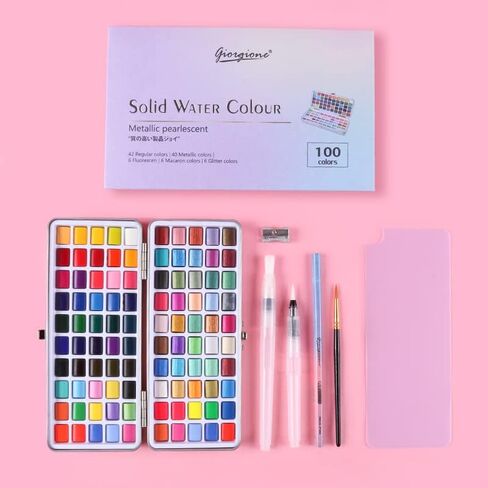 Watercolor Paint Set 100 Colors,Water Colors Paint Adult Set with Watercolor Paper and Water Brush Pens,Ideal for Kids,Artists and Hobbyists,Perfect Starter Kit for Painting,For Travel (Upgrade green) in Saudi Arabia