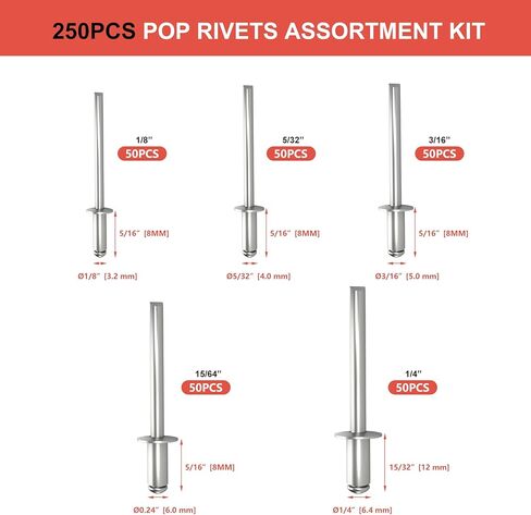 طقم برشام ألومنيوم 250 قطعة - 50 قطعة لكل منها بقطر 1/8 بوصة (3.2 مم)، Ø5/32 بوصة (4.0 مم)، Ø3/16 بوصة (5.0 مم)، Ø15/64 بوصة (6.0 مم)، 1/4 بوصة (6.4 ملم) الأحجام in Kuwait
