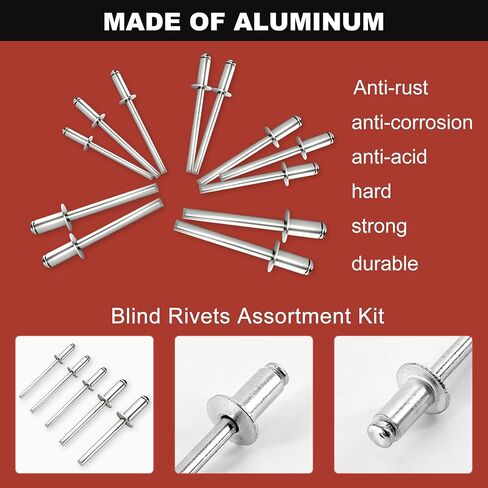 طقم برشام ألومنيوم 250 قطعة - 50 قطعة لكل منها بقطر 1/8 بوصة (3.2 مم)، Ø5/32 بوصة (4.0 مم)، Ø3/16 بوصة (5.0 مم)، Ø15/64 بوصة (6.0 مم)، 1/4 بوصة (6.4 ملم) الأحجام in Kuwait