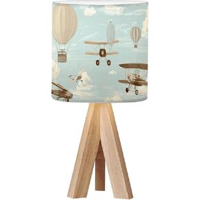 Tripod Bedside Desk Table Lamp Kids Seamless Pattern Airplanes Stars Clouds Colorful White Baby Wood Nightstand Lamp with Linen Fabric Shade for Nursery Bedroom Living Room Kids Room in Saudi Arabia