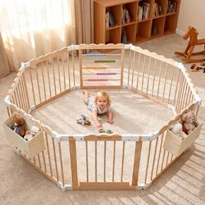 قلم لعب أطفال قابل للطي من إم ميبو، مقاس 57 × 57 × 25 بوصة، قلم لعب أطفال خشبي قابل للتعديل الشكل والحجم مع حقيبتين للتخزين، ساحة لعب من خشب الصنوبر الطبيعي للرضع والأطفال الصغار، باب قفل أمان، ألعاب مدمجة in Kuwait