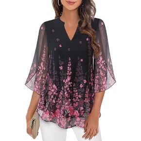 Bebonnie Womens Tops Dressy Casual Ruffle 3/4 Sleeve V Neck Double Layers Chiffon Blouses Tops in Saudi Arabia
