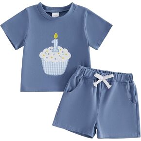 GOOCHEER Baby Boy Girl First Birthday Outfit 1 Cake Short Sleeve T-Shirt Top+ Solid Shorts Set One Year Old Clothes in Kuwait
