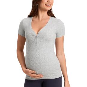 MOMANDA Cotton Ribbed Henley Maternity Shirts Short Sleeve Nursing & Pregancy Tops Summer Casual T-Shirts in Saudi Arabia