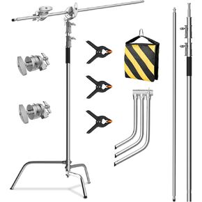 Heavy Duty C Stand with Boom Arm, 6.8ft/210cm Stainless Steel Light Stand | 2.8ft/87cm Boom Arm, 2*Grip Heads, 3*Clips Sandbag Included for Studio Monolight, Softbox, Reflector - 45lb Capacity, Black in Saudi Arabia