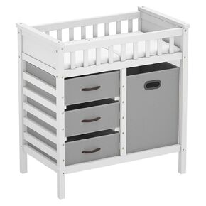 BABY JOY Wooden Baby Changing Table, Diaper Changing Station with 3 Storage Drawers, Laundry Hamper, Waterproof Changing Pad & Safety Belt, Modern Nursery Furniture for Daycare Bedroom (Beige) in Kuwait