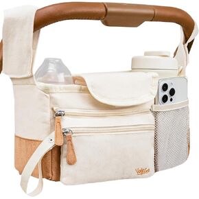 V VOLKGO Stroller Caddy with Cup Holder - Stroller Organizer Bag for Baby Travel Gear, Baby Bottle Organizer & Baby Diaper Caddy | Insulated XL 40oz, Detachable Wristlet, Premium Canvas & Natural Cork in Saudi Arabia