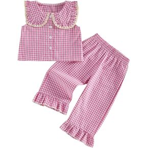 Foidiccx Adorable Toddler Girl Sleeveless Top Capri Pants 2 Pieces Sets Ruffle Hem Babydoll Gingham Cotton Summer Pantsuit in Kuwait