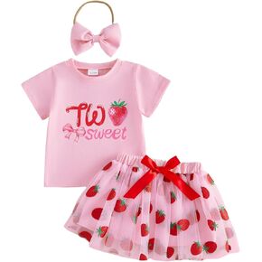 Sweet One Baby Girl 1st Birthday Outfit Strawberry Bow Short Sleeve Romper T-Shirt Tulle Skirt Set Summer Clothes in Saudi Arabia