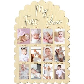 Cinnvoice My First Year Photo Board, Scalloped 33 x 22 Inch Wood Picture Frame 1st Birthday Decorations, 12 Months Milestone Photo Display Board for Newborn Keepsake Nursery Decor, Fits 4x6'' Picture in Kuwait