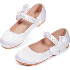 Toddler Girl Satin Dress Shoes with Pearl Bowknot - Flower Girl Ballet Flats Soft Non-Slip Sole Mary Jane Princess Shoes for Wedding Party in Saudi Arabia