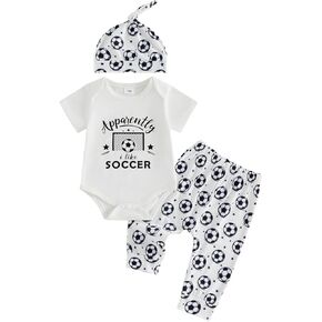 Sasaerucure Newborn Infant Baby Boy Soccer Outfit Short Sleeve Romper + Printing Pants + Hat 3Pcs Summer Clothes in Kuwait