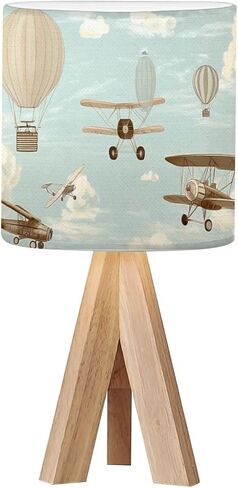 Tripod Bedside Desk Table Lamp Kids Seamless Pattern Airplanes Stars Clouds Colorful White Baby Wood Nightstand Lamp with Linen Fabric Shade for Nursery Bedroom Living Room Kids Room in Kuwait