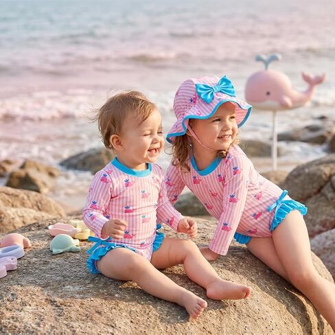 Baby Girl Swimsuit Summer Infant Bathing Suit Bow Print Long Sleeve One Piece Rash Guard Swimwear with Hat Set in Saudi Arabia