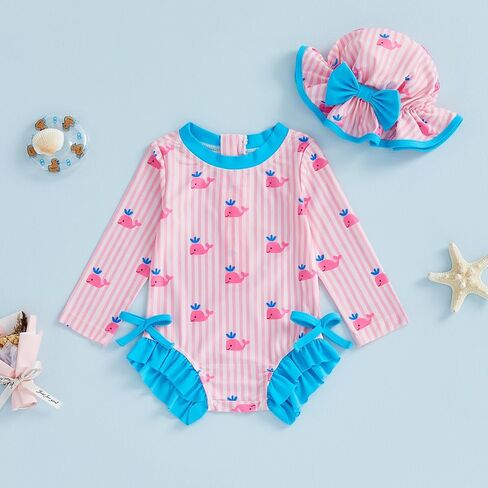 Baby Girl Swimsuit Summer Infant Bathing Suit Bow Print Long Sleeve One Piece Rash Guard Swimwear with Hat Set in Saudi Arabia