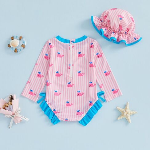 Baby Girl Swimsuit Summer Infant Bathing Suit Bow Print Long Sleeve One Piece Rash Guard Swimwear with Hat Set in Saudi Arabia