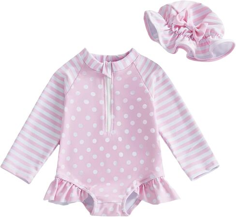 Baby Girl Swimsuit Summer Infant Bathing Suit Bow Print Long Sleeve One Piece Rash Guard Swimwear with Hat Set in Saudi Arabia