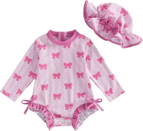 Baby Girl Swimsuit Summer Infant Bathing Suit Bow Print Long Sleeve One Piece Rash Guard Swimwear with Hat Set in Saudi Arabia