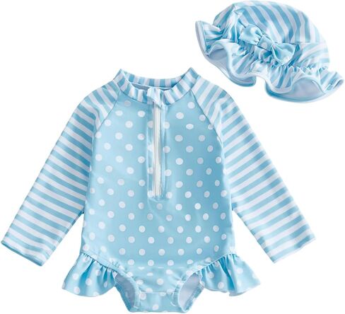 Baby Girl Swimsuit Summer Infant Bathing Suit Bow Print Long Sleeve One Piece Rash Guard Swimwear with Hat Set in Saudi Arabia