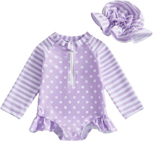 Baby Girl Swimsuit Summer Infant Bathing Suit Bow Print Long Sleeve One Piece Rash Guard Swimwear with Hat Set in Saudi Arabia