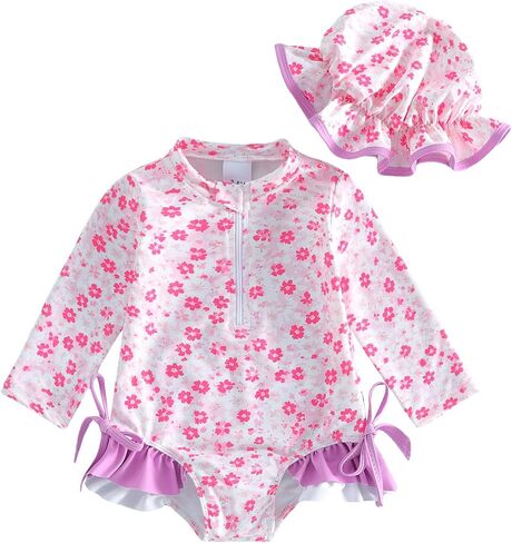 Baby Girl Swimsuit Summer Infant Bathing Suit Bow Print Long Sleeve One Piece Rash Guard Swimwear with Hat Set in Saudi Arabia