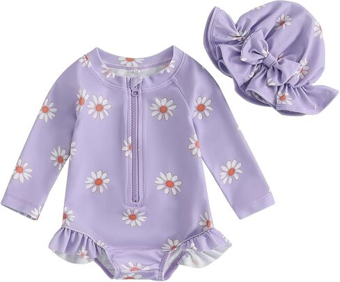 fhutpw Baby Girl Swimsuit One Piece Fruit Printed Long Sleeve Rash Guard with Hat Infant Toddler Beach Bathing Suit in Kuwait