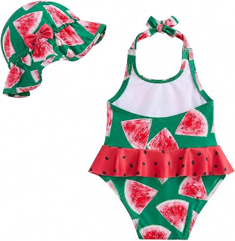 JiAmy Baby Girl Swimsuit Infant One Piece Bathing Suit Ruffle Bow Bikini Tankini with Hat Cute Toddler Swimwear 0-24M in Kuwait