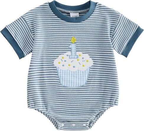 GOOCHEER Baby Girl Boy First Birthday Short Sleeve Romper 1 Cake Embroidery Waffle Knit Jumpsuit Top One Year Old Clothes in Saudi Arabia
