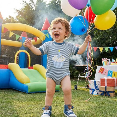 GOOCHEER Baby Girl Boy First Birthday Short Sleeve Romper 1 Cake Embroidery Waffle Knit Jumpsuit Top One Year Old Clothes in Saudi Arabia