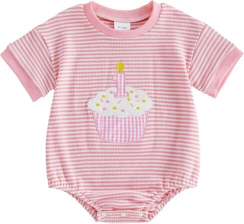 GOOCHEER Baby Girl Boy First Birthday Short Sleeve Romper 1 Cake Embroidery Waffle Knit Jumpsuit Top One Year Old Clothes in Saudi Arabia