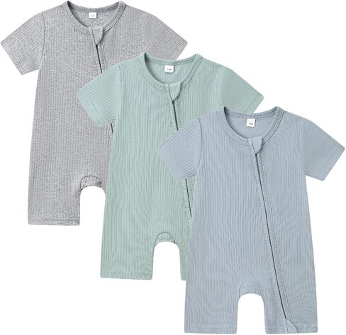 Bafeicao Baby Boy Girl 3 Pack Short Sleeve Rompers | 2 Way Zipper, Ribbed Cotton, Solid, Soft, Unisex, Summer, One Piece Jumpsuits Clothes in Saudi Arabia