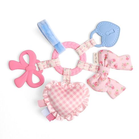 Itzy Ritzy Teething Activity Toy - Bitzy Busy Ring Infant Teething Toy Features Braided Teether & Dangling Toys, Includes Textured Ribbons, Crinkle Sound & Jingle Bell - 0 Months & Up (Pink Bow) in Kuwait