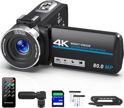 كاميرا فيديو 4K HD 80MP 30FPS كاميرا تسجيل فيديو لكاميرا YouTube IR للرؤية الليلية 18X تكبير رقمي 3.0 IPS شاشة مسجل فيديو مع بطاقة SD 32 جيجابايت، بطاريتان، جهاز تحكم عن بعد، ومثبت in Kuwait