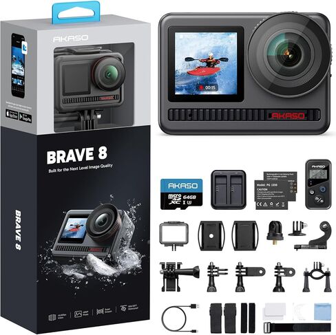 AKASO Brave 8 4K60FPS Action Camera with 64GB Card, 48MP Photo Waterproof Underwater Camera with SuperSmooth Stabilization Touch Screen Sports Camera with 5X Zoom 8X Slo-mo Remote Control in Kuwait