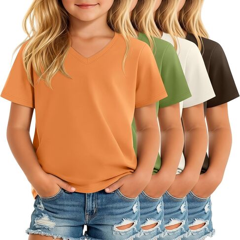 Oakgarden 4 Pack Toddler Girls V-Neck T Shirts Short Sleeve Loose Fit Tops Kids Summer Casual Solid Basic Tees for 18M-5T in Kuwait