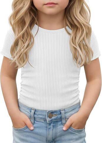 Toddler Girl T-Shirts Infant Girls Ribbed Short Sleeve Shirts Slim Fit Cotton Tee Kids Side Ruched Tops Size 18M-5T in Kuwait