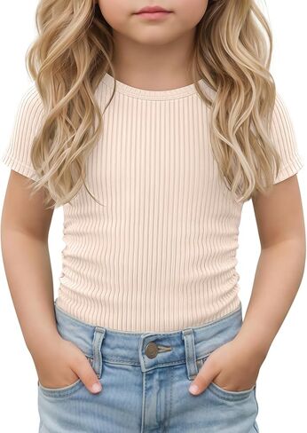 Toddler Girl T-Shirts Infant Girls Ribbed Short Sleeve Shirts Slim Fit Cotton Tee Kids Side Ruched Tops Size 18M-5T in Kuwait