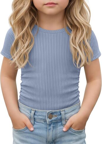 Toddler Girl T-Shirts Infant Girls Ribbed Short Sleeve Shirts Slim Fit Cotton Tee Kids Side Ruched Tops Size 18M-5T in Kuwait
