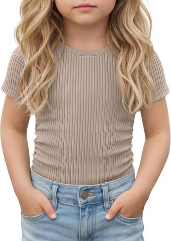 Toddler Girl T-Shirts Infant Girls Ribbed Short Sleeve Shirts Slim Fit Cotton Tee Kids Side Ruched Tops Size 18M-5T in Kuwait