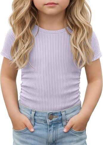 Toddler Girl T-Shirts Infant Girls Ribbed Short Sleeve Shirts Slim Fit Cotton Tee Kids Side Ruched Tops Size 18M-5T in Kuwait