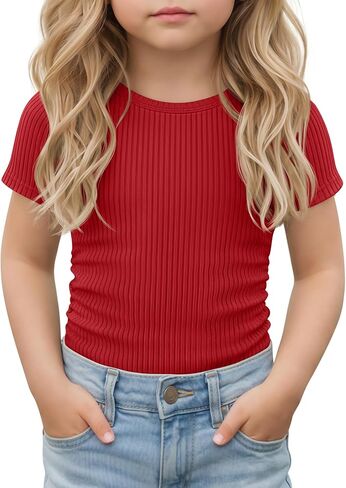 Toddler Girl T-Shirts Infant Girls Ribbed Short Sleeve Shirts Slim Fit Cotton Tee Kids Side Ruched Tops Size 18M-5T in Kuwait