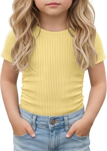 Toddler Girl T-Shirts Infant Girls Ribbed Short Sleeve Shirts Slim Fit Cotton Tee Kids Side Ruched Tops Size 18M-5T in Kuwait