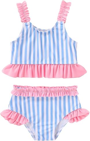 Happy Town Baby Infant ملابس السباحة فتاة طفل صغير ثوب السباحة فتاة الصيف الشاطئ بيكيني Tankini 2 قطعة ملابس السباحة 3-24 شهرًا 2t-5t(5-6T، باستيل شريط هدب Tankini SETI) in Kuwait