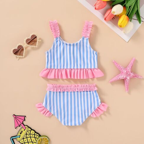 Happy Town Baby Infant ملابس السباحة فتاة طفل صغير ثوب السباحة فتاة الصيف الشاطئ بيكيني Tankini 2 قطعة ملابس السباحة 3-24 شهرًا 2t-5t(5-6T، باستيل شريط هدب Tankini SETI) in Kuwait