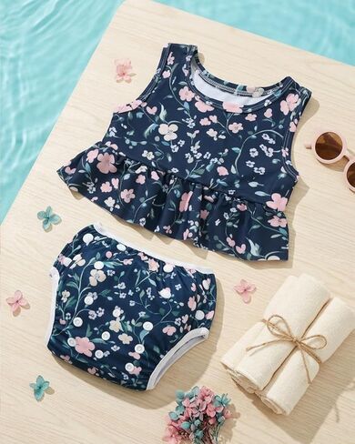 Hawaii Toddler Baby Girl Swimsuit, Sleeveless Tankini with Reusable Swim Diaper & Matching Top Black Flower BLC2028-P in Kuwait