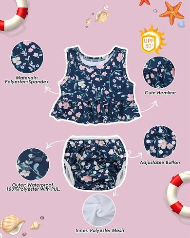 Hawaii Toddler Baby Girl Swimsuit, Sleeveless Tankini with Reusable Swim Diaper & Matching Top Black Flower BLC2028-P in Kuwait