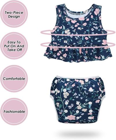 Hawaii Toddler Baby Girl Swimsuit, Sleeveless Tankini with Reusable Swim Diaper & Matching Top Black Flower BLC2028-P in Kuwait
