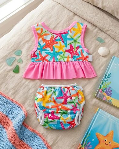 Swim Diaper with Matching Top, Reusable Toddler Swimsuit,Sleeveless Tankini Swimwear Starfish Pattern BLC1998-P in Kuwait