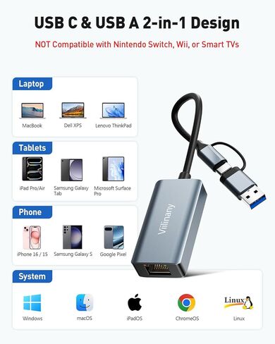 2-in-1 USB 3.0 and USB C to Ethernet Adapter, Gigabit RJ45 LAN Network Dongle 1000Mbps, Aluminum Alloy, Compatible with Windows, MacOS, Linux in Saudi Arabia